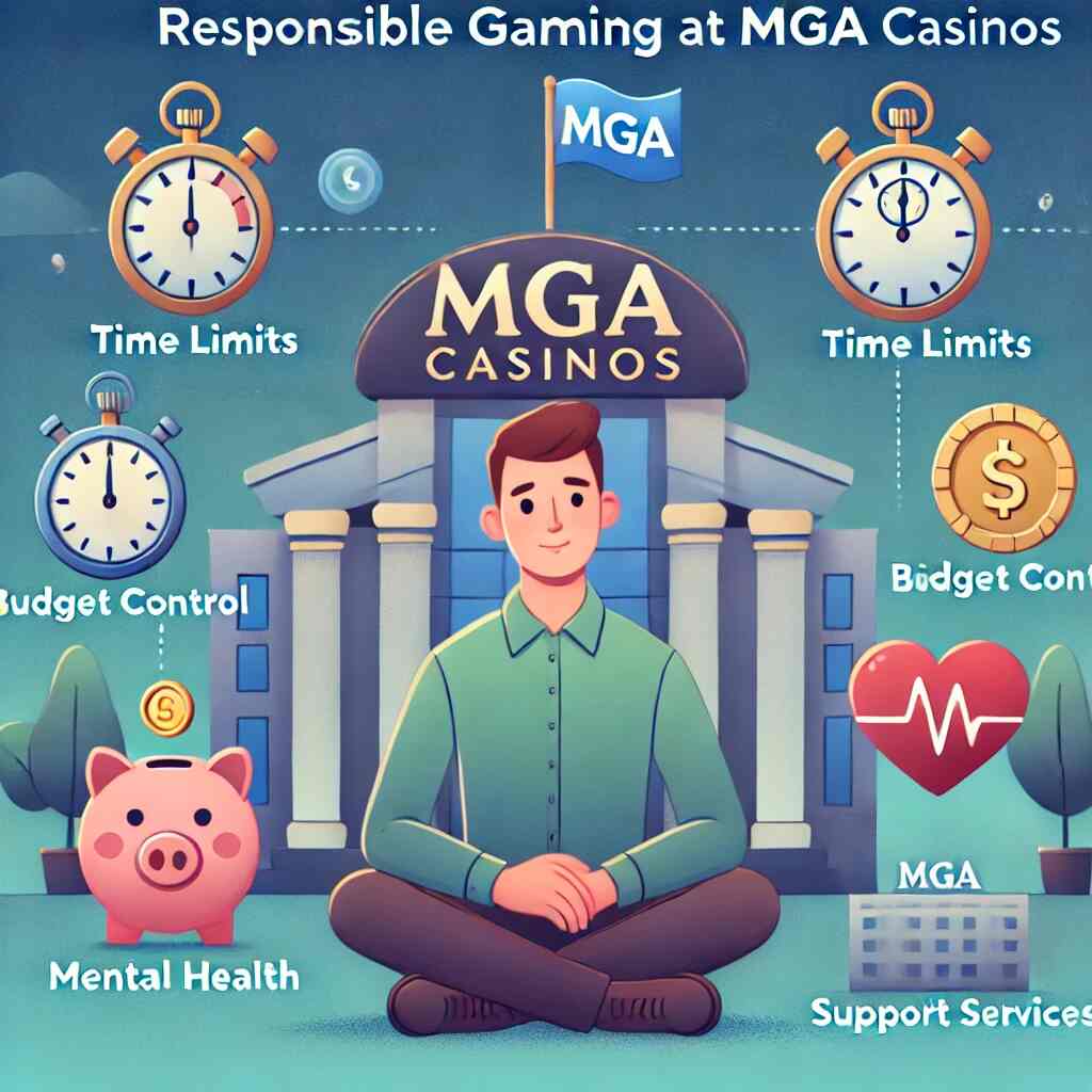 Animerad illustration som visar ansvarsfullt spelande på MGA Casinon: en lugn spelare framför ett kasino med MGA-flagga, omgiven av ikoner som stoppur, spargris, hjärta med checkmark och hjälpande hand.