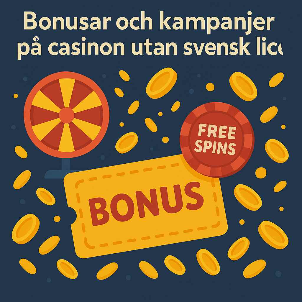 Färgglad bild med snurrande hjul, bonuskort och pengaregndroppar som symboliserar de många bonusar och kampanjer som erbjuds av casinon utan svensk licens.
