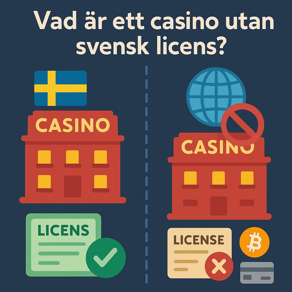 Illustration som visar en jämförelse mellan ett svenskt licensierat casino och ett casino utan svensk licens, med symboler som flaggor, spellicenser och globala betalmetoder för att förklara vad ett casino utan svensk licens är.