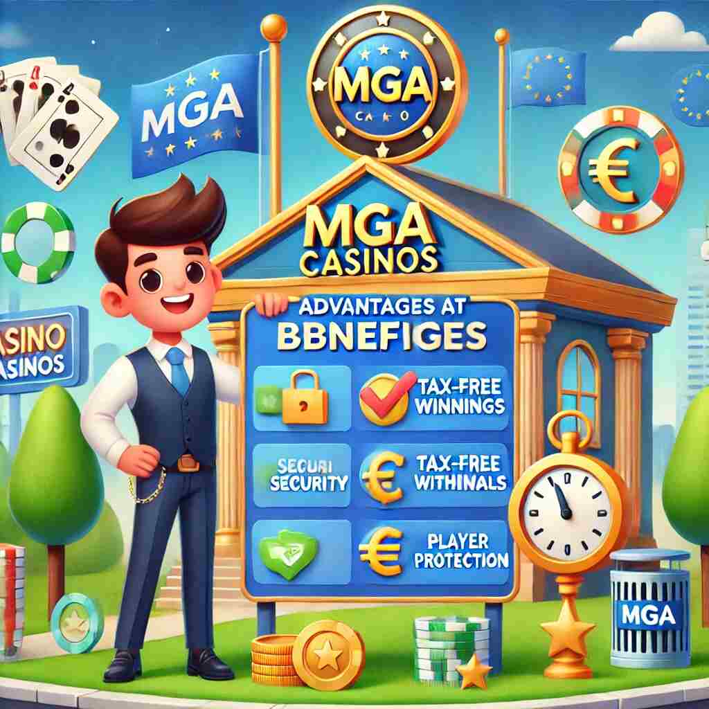 Animerad illustration som visar fördelar med MGA Casinon: en glad spelare vid ett kasino med MGA-flagga, omgiven av ikoner för säkerhet, skattefrihet, snabba uttag och spelarskydd.