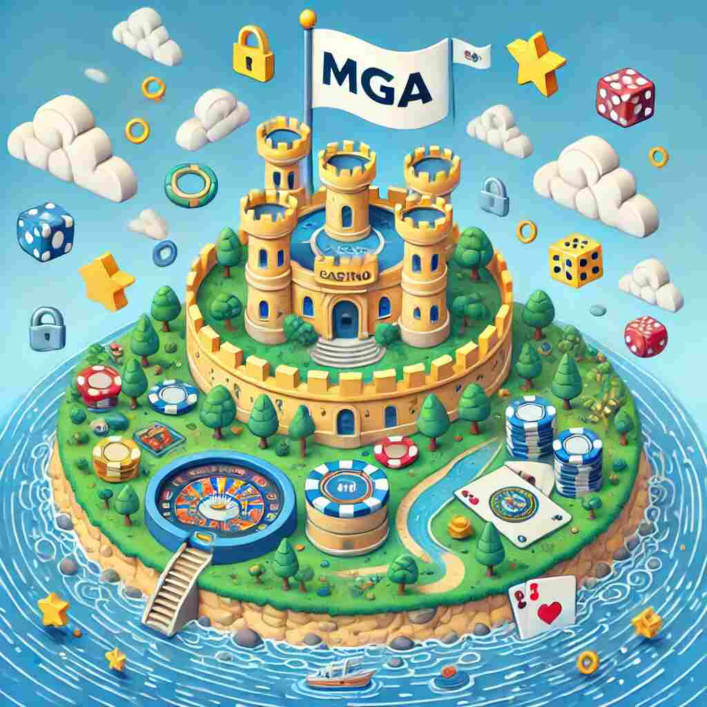 Animerad illustration av ett MGA casino på en ö som symboliserar Malta, med kasinobyggnad, spelare, kort, tärningar och säkerhetssymboler som lås och stjärnor – illustrerar tryggt spelande.