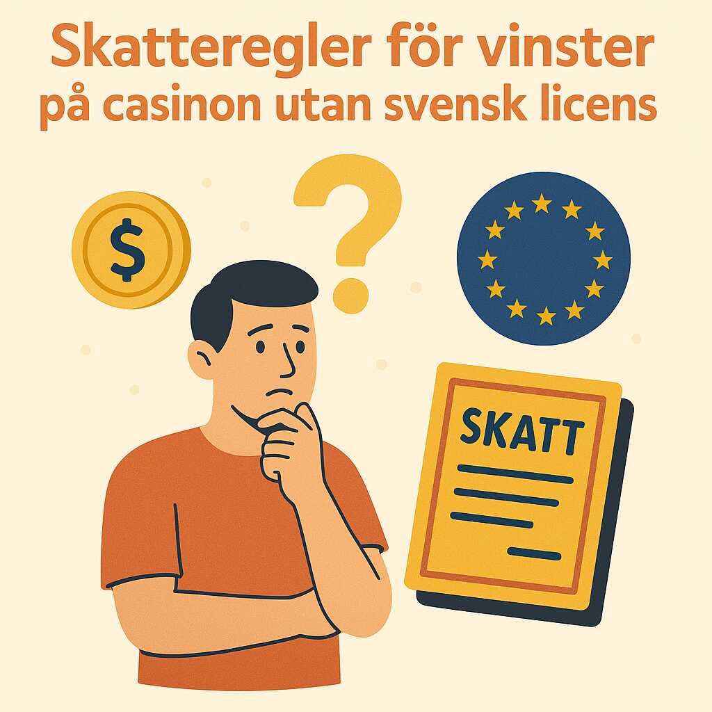 Illustration som visar en spelare framför ett frågetecken och symboler för pengar, EU-flagga och skatt, vilket representerar skatteregler för vinster från casinon utan svensk licens – särskilt skillnaden mellan EU/EES och icke-EU/EES-baserade casinon.