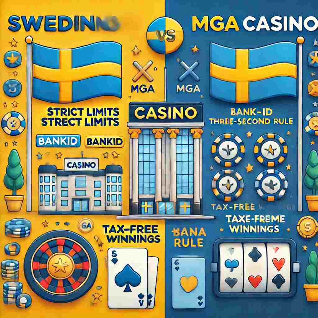 Animerad split-screen illustration som jämför Svenska och MGA Casinon: vänster sida med svensk flagga, BankID och spelgränser; höger sida med MGA-flagga, skattefria vinster, större bonusar och fler spelval.